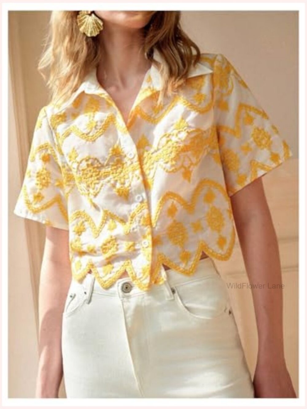 Short Sleeve Button Down Crop Blouse with Floral Embroidery - Picture 3 of 6